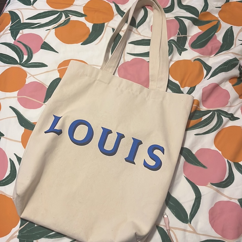 Louis Vuitton Cream Canvas Tote with Blue 'LOUIS' Lettering